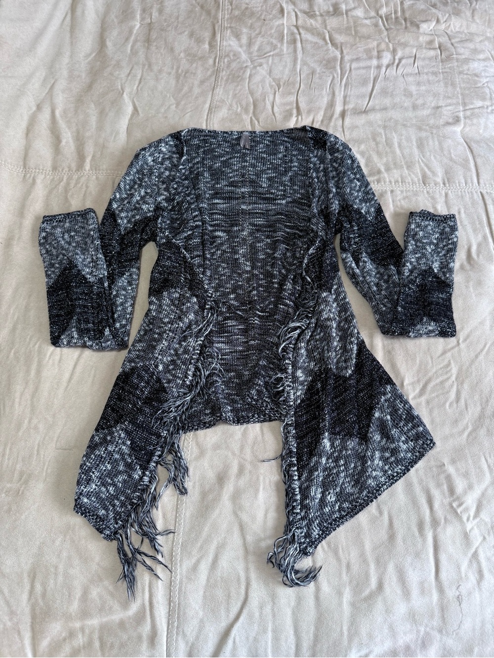 Open-Front Fringe Knit Sparkle Cardigan - Black & Gray Metallic